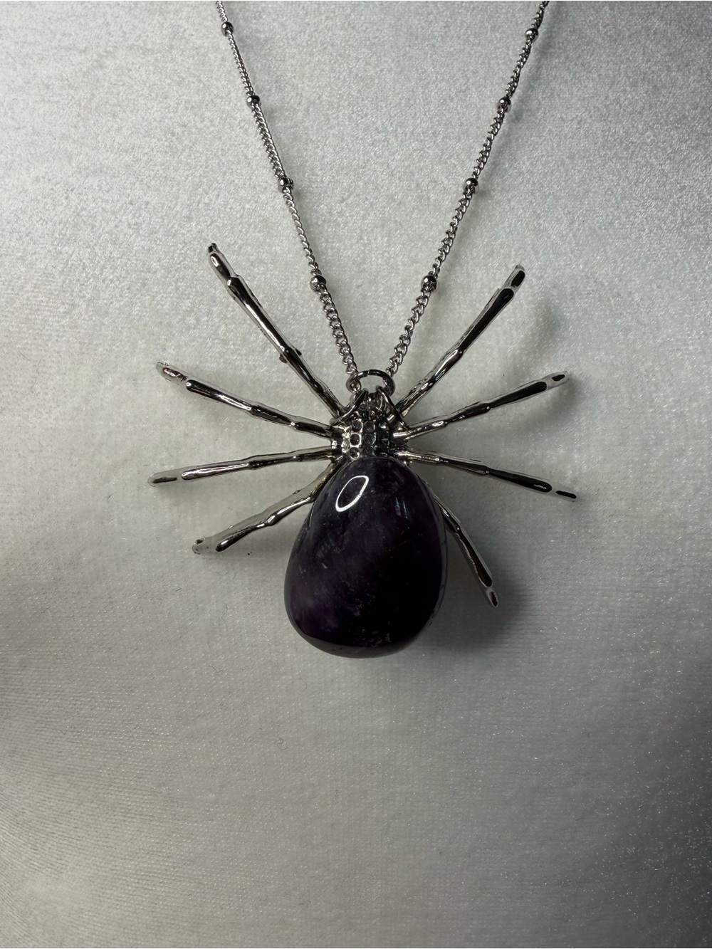 Natural Amethyst Spider Pendant Necklace 27” Silver Tone